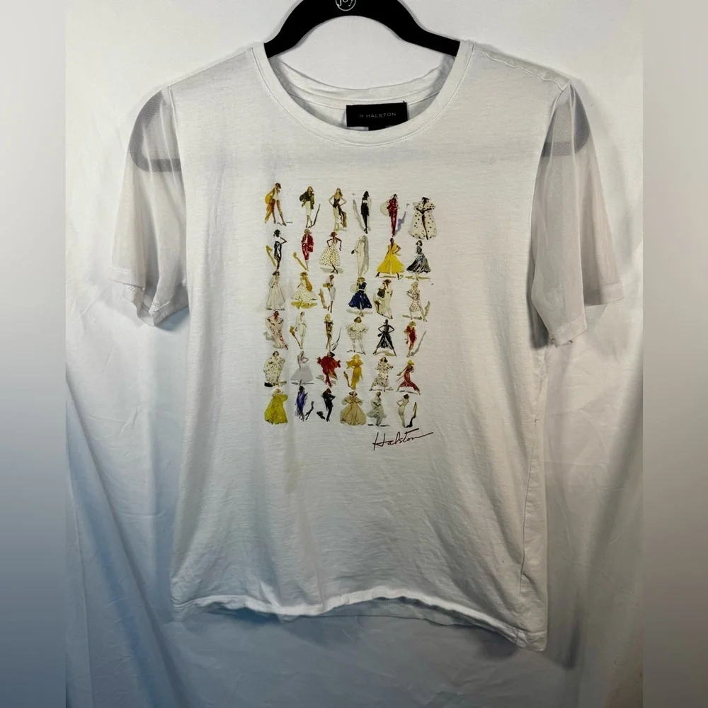 H by HALSTON Mesh Sleeve Graphic T Shirt Women Fashion Size S - Picture 3 of 11